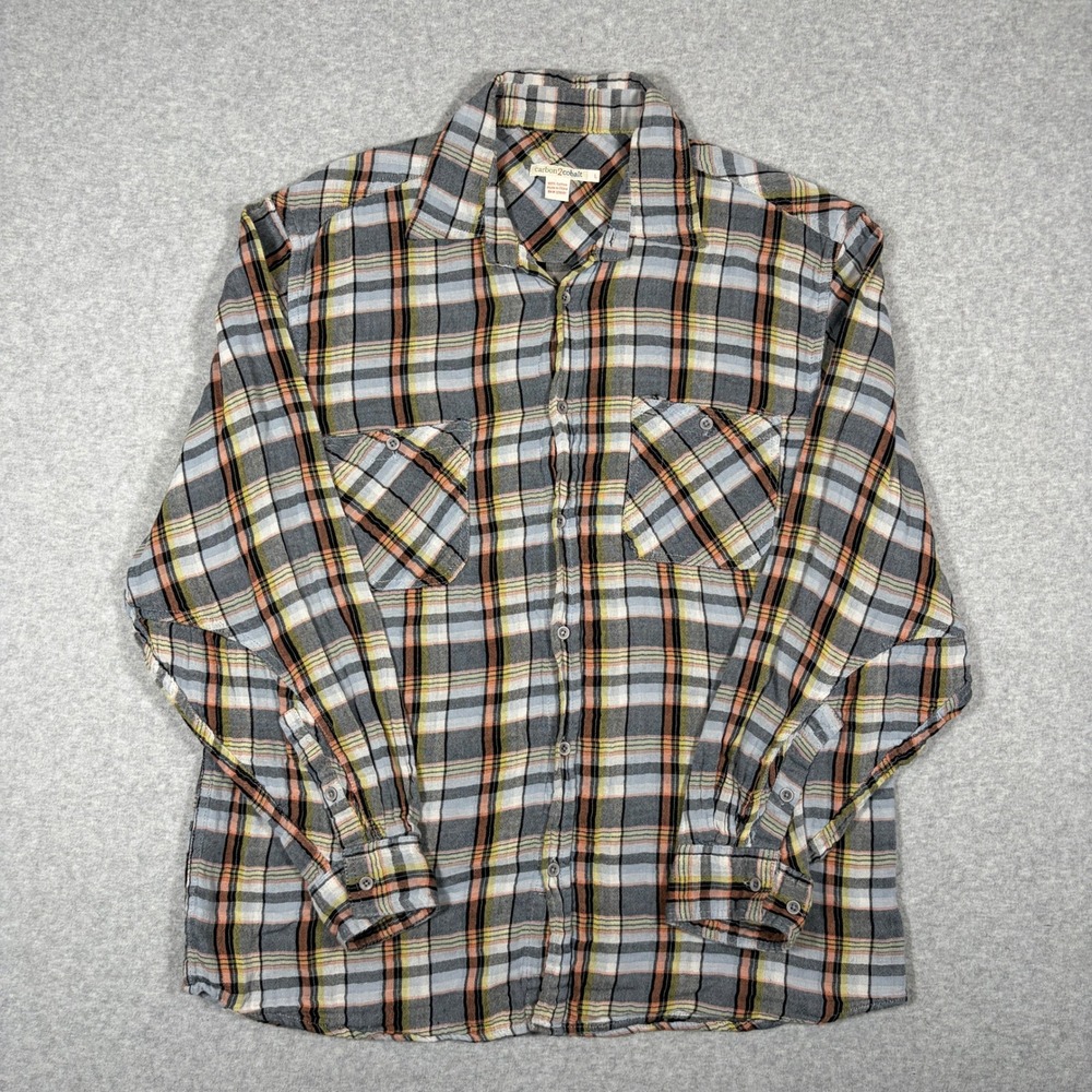 Carbon 2 Cobalt Plaid Button Up Shirt Men Large Gray Orange Light Cotton Flannel